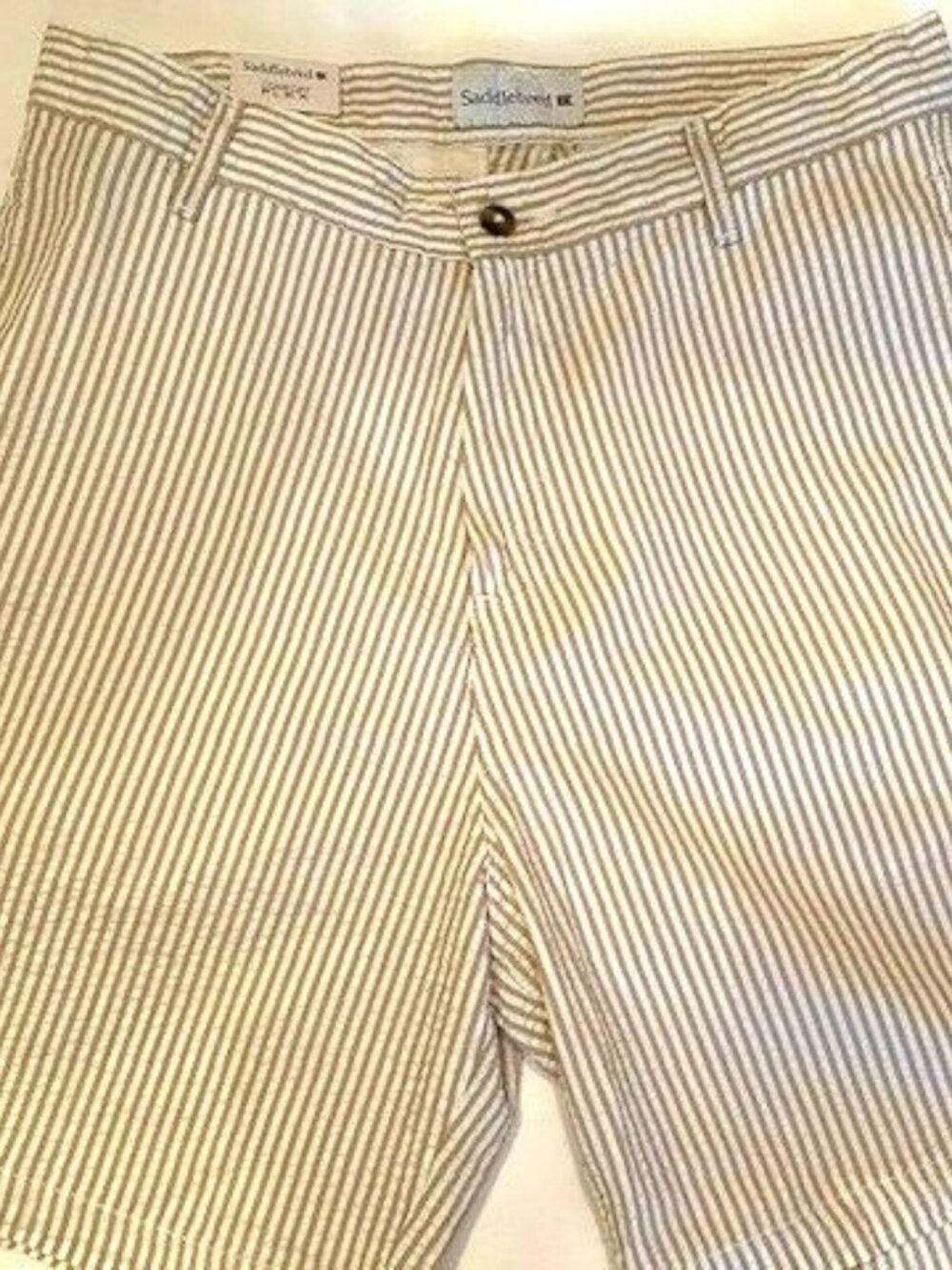 "Saddlebred" Size Waist "30" Flat Front Seersucker Shorts (07812) - Tan/White